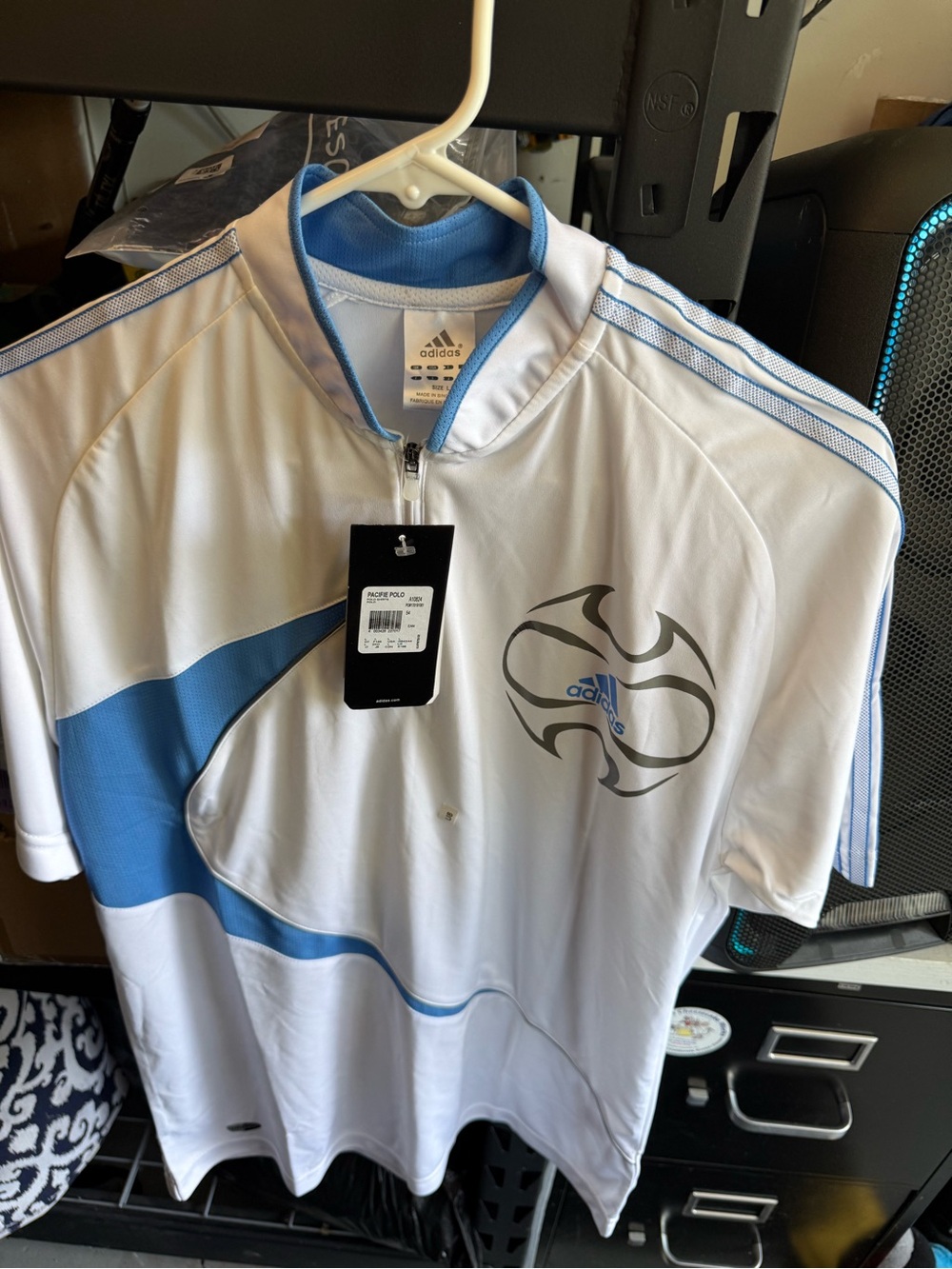 adidas White & Light Blue Zip Athletic Polo